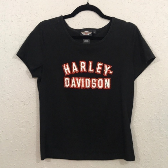 Harley-Davidson Black Round Neck Rhinestone Embellished T-Shirt size L - Picture 1 of 9